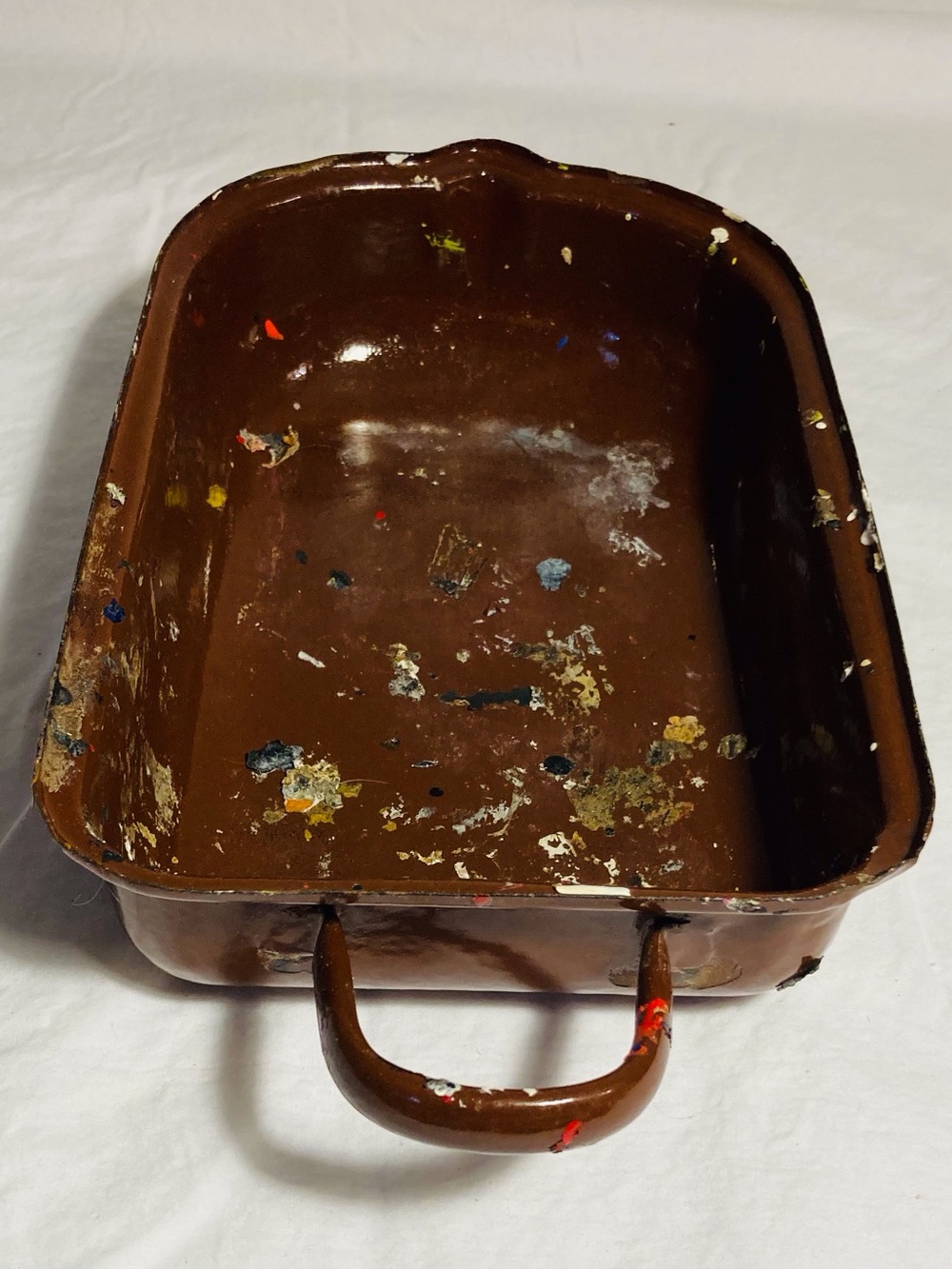 Vintage enamelware shallow dish with spout and handle chocolate brown & paint